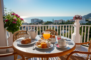 Fototapeta premium Breakfast on the veranda of the hotel with a magnificent view. AI generative