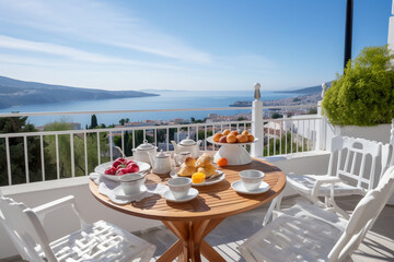Breakfast on the veranda of the hotel with a magnificent view. AI generative
