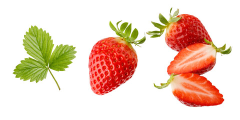 Fresh sweet whole and sliced strawberry and leaves closeup flying isolated on a white background.  