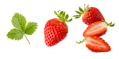 Fresh sweet whole and sliced strawberry and leaves closeup flying isolated on a white background.  