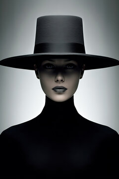 A woman wearing a black hat and a black dress