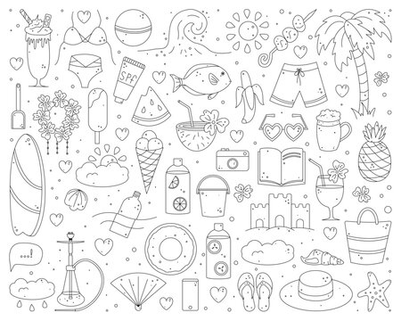 Summer doodle set, hand drawn vector drawing, beach vacation, illustration
