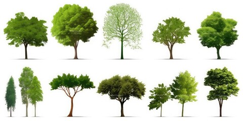 Set of various green trees on a white background. Generative ai.