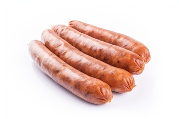 Four juicy fresh sausages isolated on white background. Generative ai.
