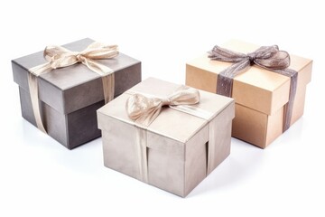 Three gift boxes with bows on a white background. Generative ai.