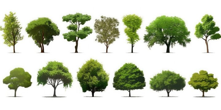 Collection of diverse deciduous trees isolated on white background. Generative ai.