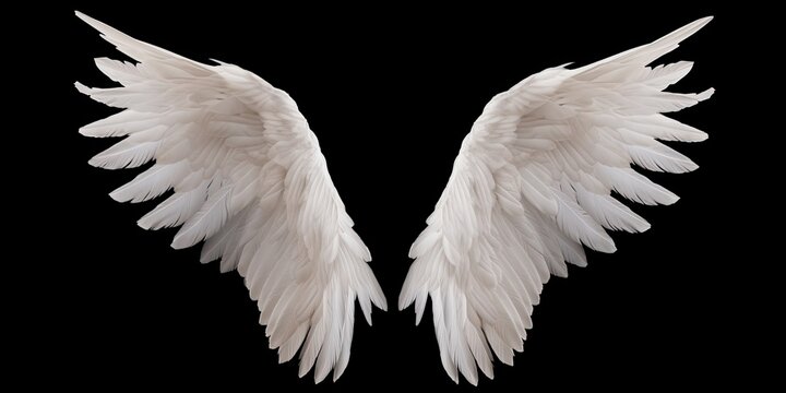 White angel wings isolated on black background. Generative ai.