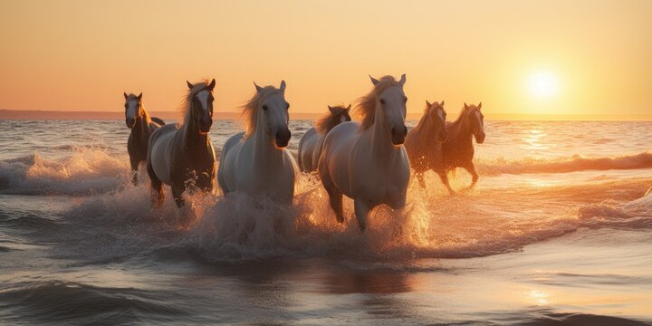 Horses running along the beach at sunset. Generative ai.