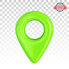 Green map pointer or GPS location icon, front view. Realistic 3D vector graphics on transparent background