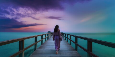 A woman with a colored dress on the beach, spring banner in the style of dark purple and blue, Walk Around Things Day, Reconciliation Day, International Dark-Sky Week,Move More Month
