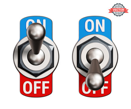 Toggle switches or tumblers turned ON and OFF. Realistic 3D vector illustration isolated on white background