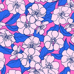 Hand drawn seamless pattern pink cherry pear blossom with blue leaves. Spring sakura flower floral print, colorful hot pink background, bloom blossom botanical nature, vivid vibrant design.