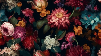 Seamless flowers on black background in dark teal and light maroon