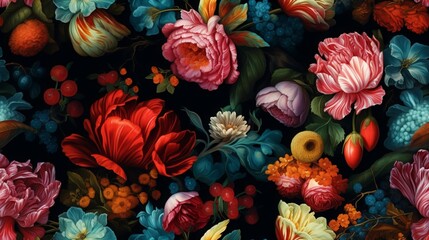 Obraz na płótnie Canvas Seamless flowers on black background in dark teal and light maroon