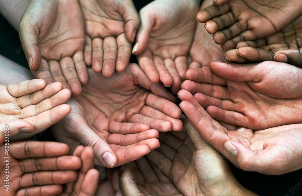 Aufkleber open hands, diversity and palm with helping community, hunger and support. poor, poverty and charity