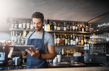Man in cafe, tablet and small business with inventory check, entrepreneur in hospitality industry and connectivity. Happy male owner, restaurant franchise with digital admin and stock taking - obrazy, fototapety, plakaty