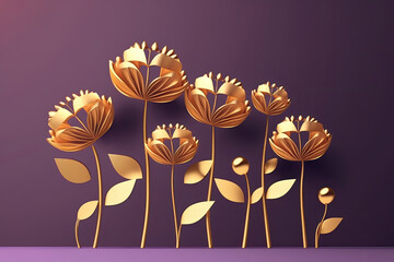 Golden flower on purple background, floral design, illustration generative AI
