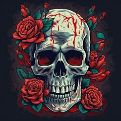 Illustration of skull and roses. AI generated.