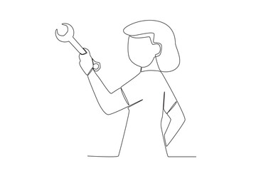A reliable woman uses a wrench. World youth skill day one-line drawing