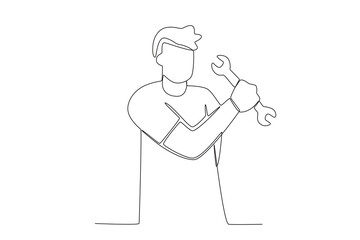 A man who is great at using tools. World youth skill day one-line drawing