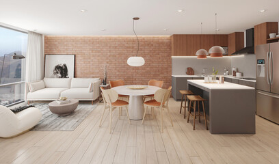 Area social de departamento con cocina vista estilo indstrial con pared de ladrillo, 3d render