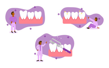 dental care illustration set. characters have uneven tooth size. dentist is using rasp to sharpen the teeth to same size. uneven teeth treatment concept. vector illustration.