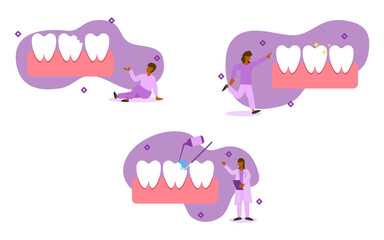 dental care illustration set. characters have broken tooth. dentist treats a broken tooth by extending the broken tooth to be the original. broken tooth treatment concept. vector illustration