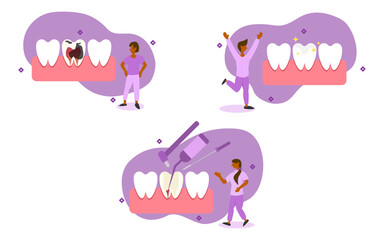 dental care illustration set. characters have tooth decay to root. dentist performs root canal treatment to avoid pain when chewing. root canal treatment concept. vector illustration.