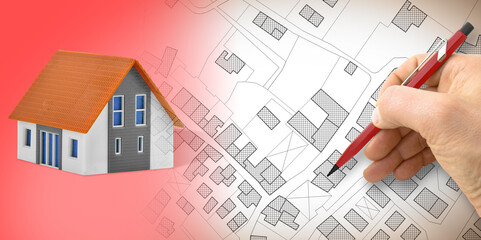 New home and free vacant land for building activity - Construction industry concept with a model of residential building and imaginary cadastral map