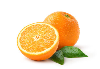 Fresh orange with cut in half and water droplets isolate on white background. Clipping path.