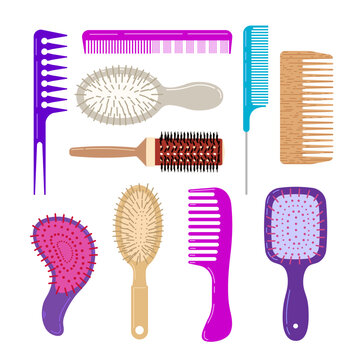 Set of fashionable hair combs.Vector isolated illustration on white background, hairdresser style accessories, hair dryer