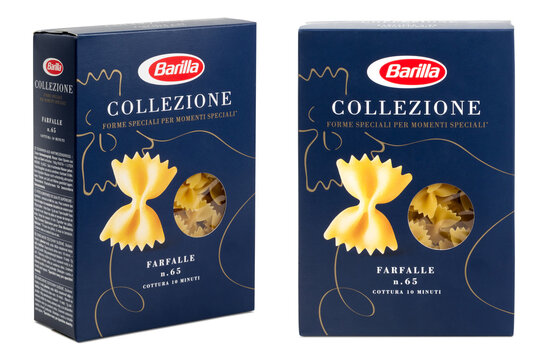 Munich, 05.22.2023: box of Italian Barilla "Farfalle" noodles / pasta isolated over a transparent background, "collezione" series, cut-out original packaging, front view and in an angle