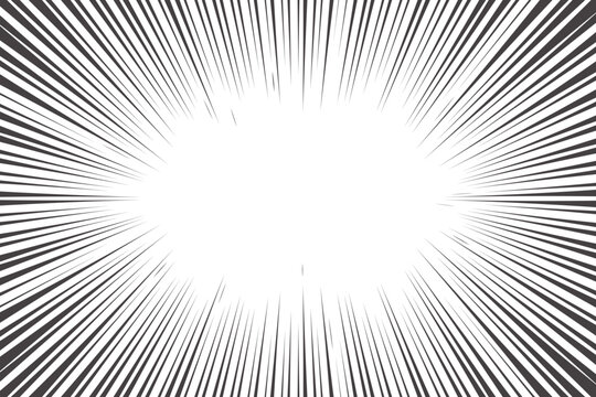 Comic manga radial lines with speed effect for comics book. Black and white explosion background. Flash ray blast glow. Vector frame.