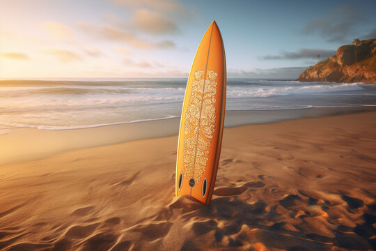 sunset on the beach with surfboard in sand
