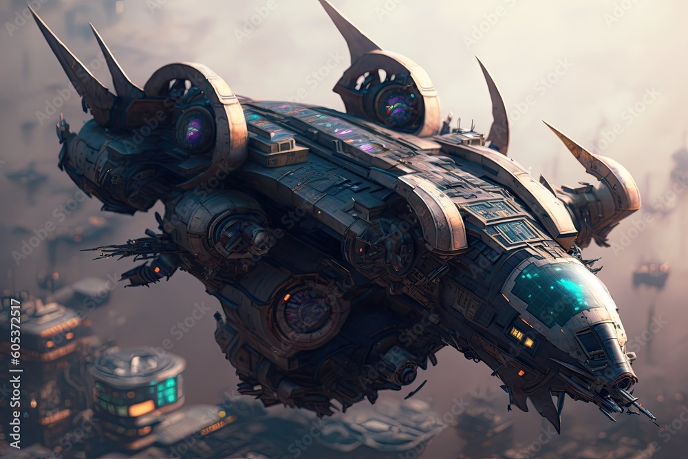 Wall mural cyber punk spaceship seen from above. glorious generative ai.