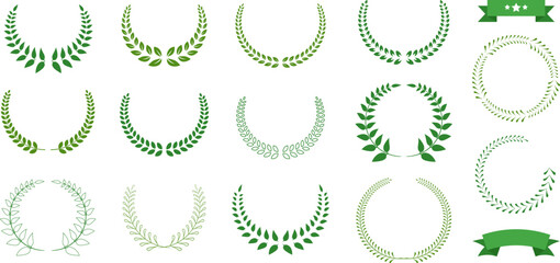 Icon of a triumph laurel. Set silhouette wreaths made of wheat, oak, and laurel leaves that represent an honor, a feat, or nobility. Greek floral branch emblem