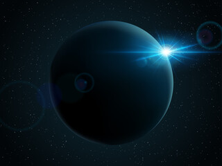 無数の星を背景とした宇宙空間で、青く光り輝くレンズフレアと惑星