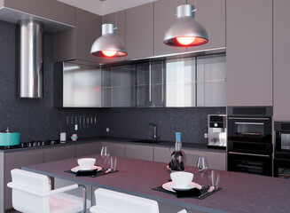 View of a modern kitchen interior furniture. Stove and furniture with table and chairs. Interior architecture, project for a modern and functional kitchen. 3d rendering
