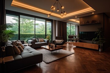 Fototapeta premium Modern and contemporary Living room interior decor in bungalow at day using generative AI