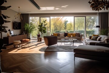 Fototapeta premium Living room interior decor in bungalow at day using generative AI