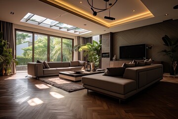 Wide angle view of spacious and modern contemporary living room in villa interior decor using generative AI