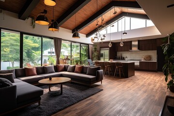 Naklejka premium Wide angle view of spacious and modern contemporary living room in villa interior decor using generative AI