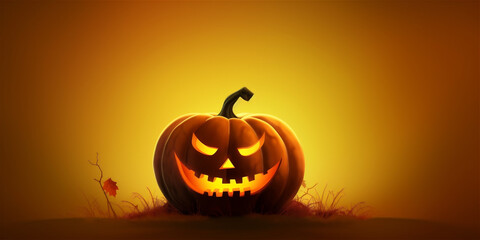 cartoon illustration with halloween pumpkin on yellow background with copy space, ai generated