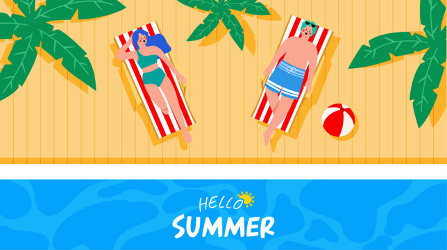 hello summer banner or poster with human on the swimming pool, yellow and blue background. vector, illustration - Powered by Adobe