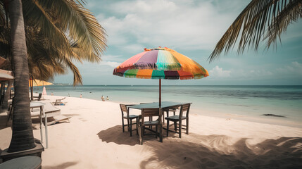 Panoramic view of two wooden chairs, table and multi-colored saloma umbrella on the beach. Sea with turquoise water and white sandy beach. Palms. Generative AI