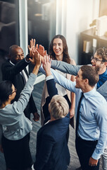 Motivation, high five and success with business people in office for support, winner and teamwork....