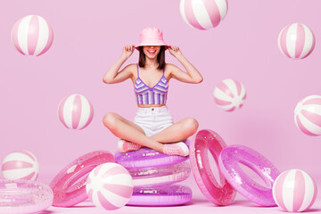 Fototapeta Web magazine creative template collage of happy girl prepare travel sea ocean resort advertise set rubber inflatable rings obraz