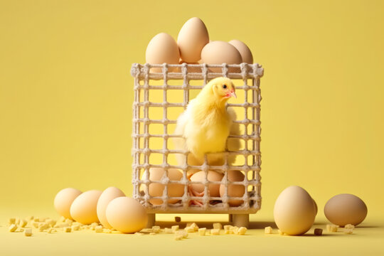 Generative AI illustration of chicken eggs with small chick in cage against yellow background