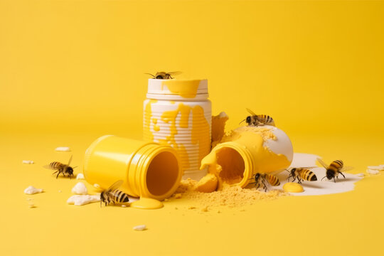 Generative AI illustration of bees around plastic jars with yellow and candy paint on yellow background