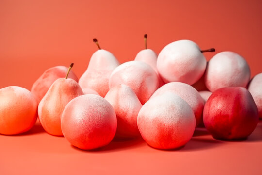 Generative AI colorful illustration of pile of ripe toxic red apples and orange pears covered with white paint against red and orange background